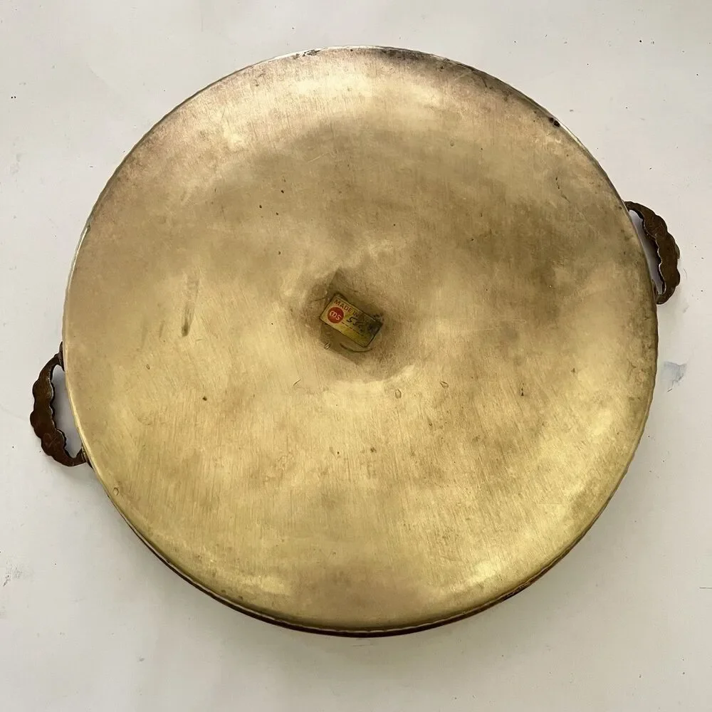 Vintage Brass Gallery Tray Round Ornate Dual Handles Made in India 11 Inch